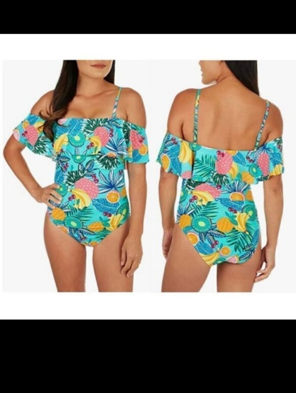 Caribbean Joe Tropical Off-Shoulder One-Piece Swimsuit in Teal, Yellow, Pink
